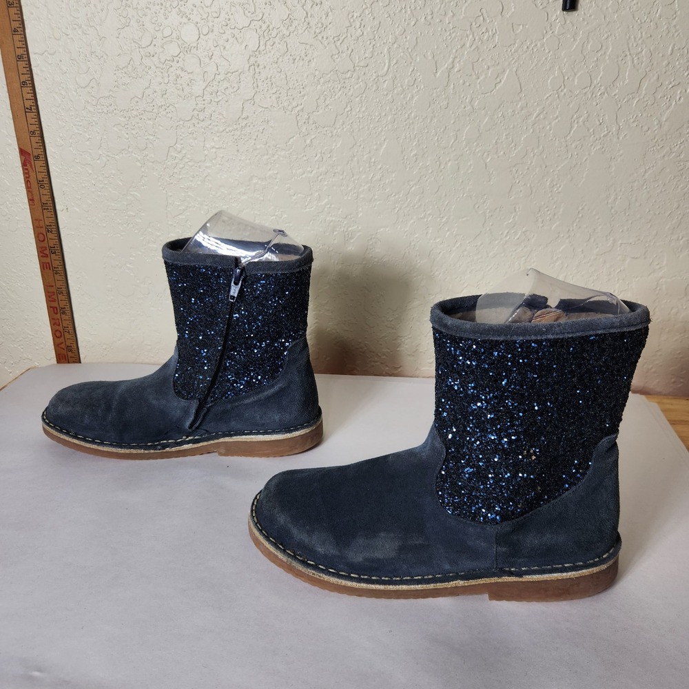 Mini Boden Kids Navy Blue Suede Glitter Faux Fur Lined Boots Size 38